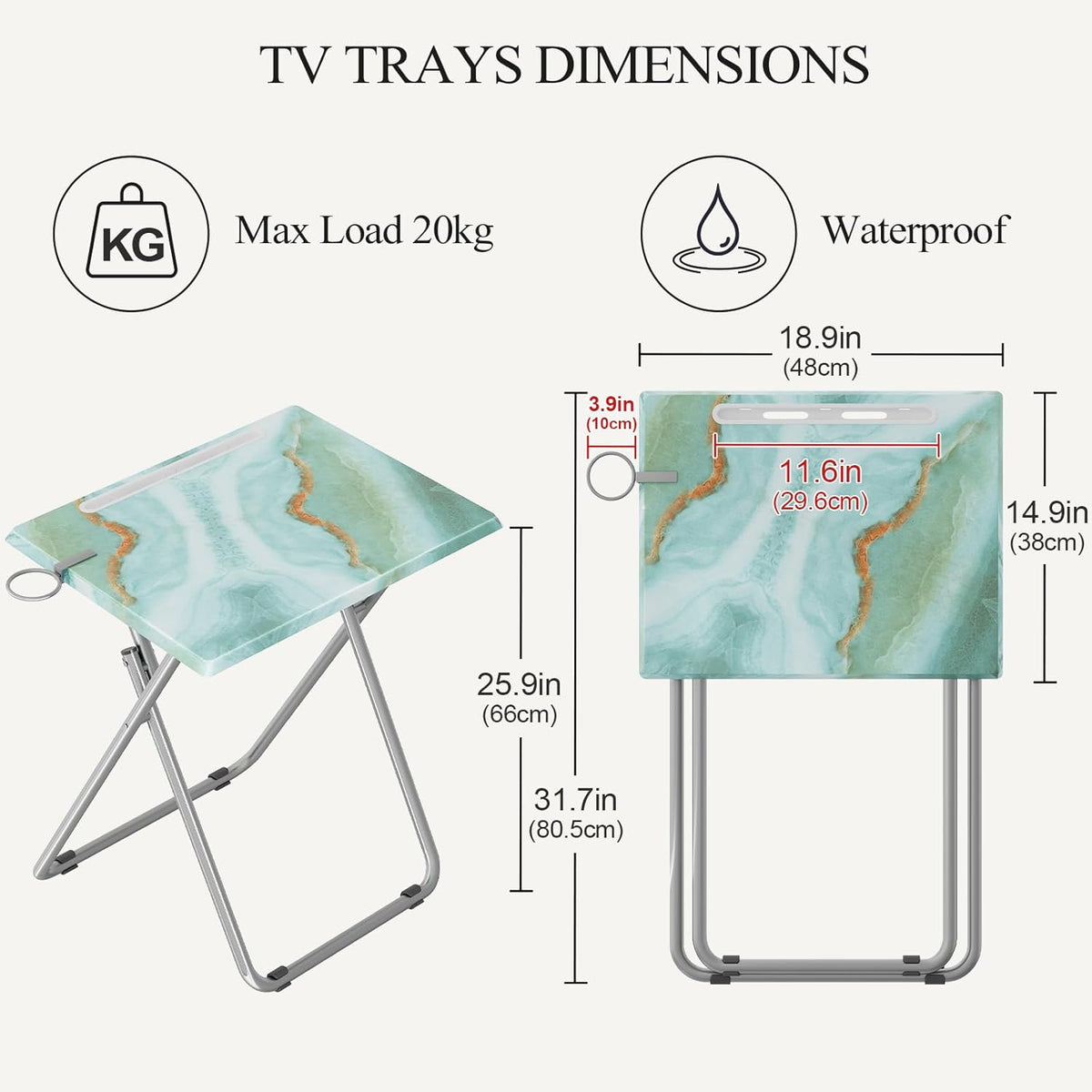 TV Trays Table Set of 2 Portable Folding TV Tray Table TV Dinner Tray with Sturdy MDF, Small Folding Tables with Phone & Tablet Slot, No Assembly Required, 15 x 18.9 x 25.6 in (Sea Blue Marble, 2Pcs)