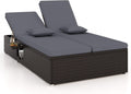 Tangkula Outdoor Rattan Daybed with 6-Level Adjustable Backrests, 2-Person Adjustable Wicker Recliner Bed with Cushions & Folding Side Trays, Double Sunbed Lounger for Balcony, Backyard & Poolside