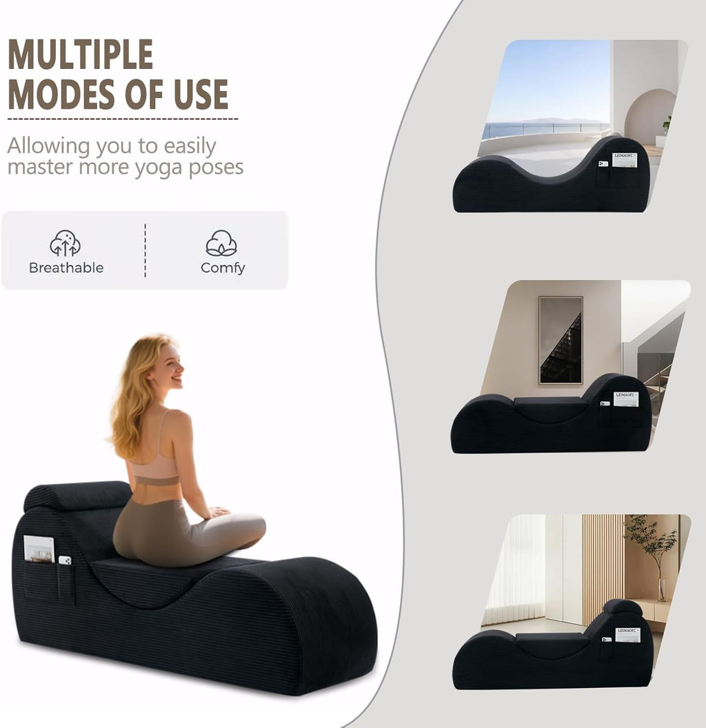 Yoga Chair Lounge for Adult, Ergonomic Chaise Lounge Chair with Side Pocket, Headrest, Waist Pad, Perfect for Stretching, Massage, and Relaxation, Used in Living Room, Bedroom（Black）