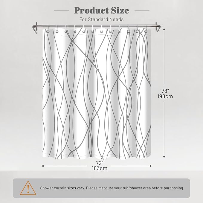 Punkray Grey and White Striped Polyester Shower Curtain for Bathroom with Hooks, Weighted Hem, Waterproof Bath Accessories Hotel Style - Machine Washable, 72 x 78