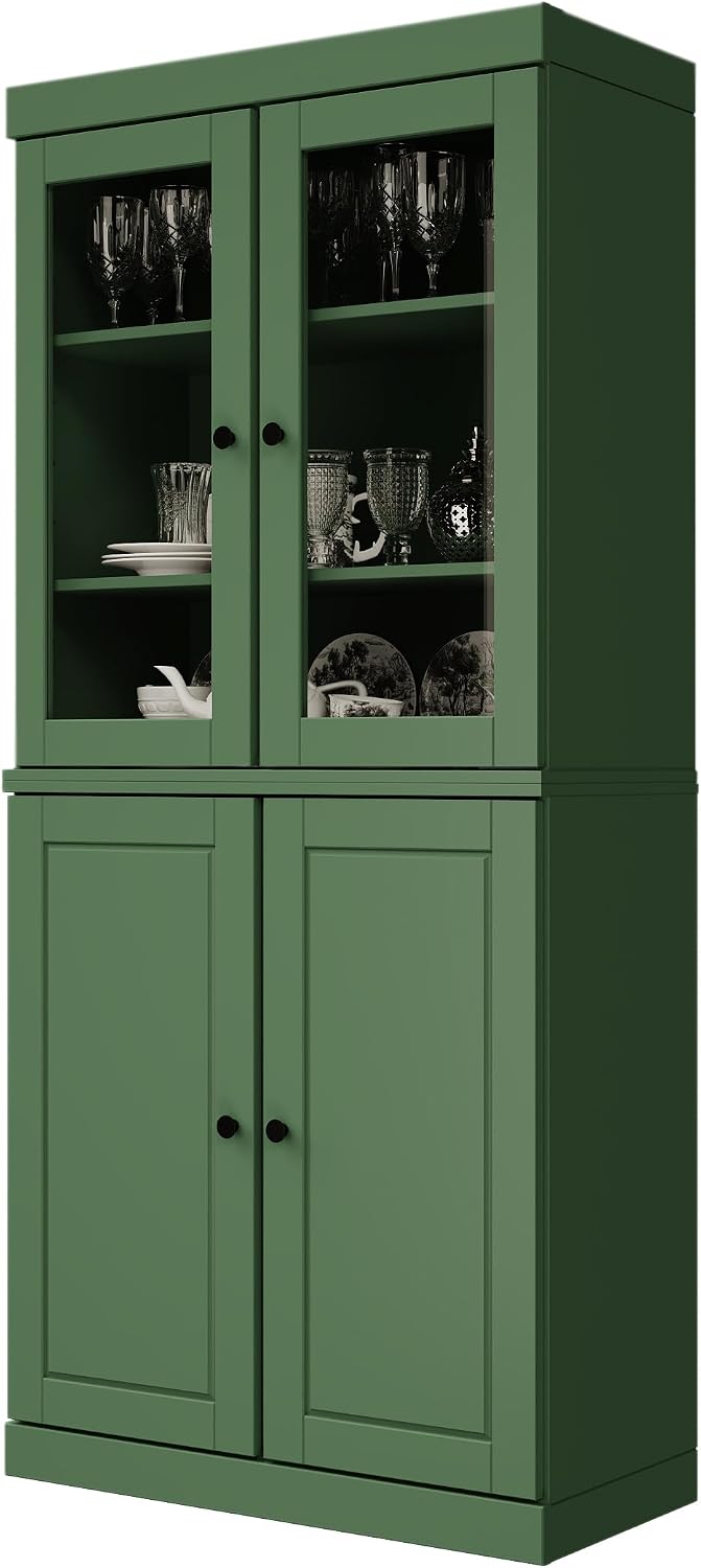 Palace Imports 100% Solid Wood Kitchen Pantry w/ 2 Glass Doors & Bottom Wooden Storage Cabinet, Green, 32" w x 71.5" h, Renewable Eco-Friendly Wood, Made in Brazil