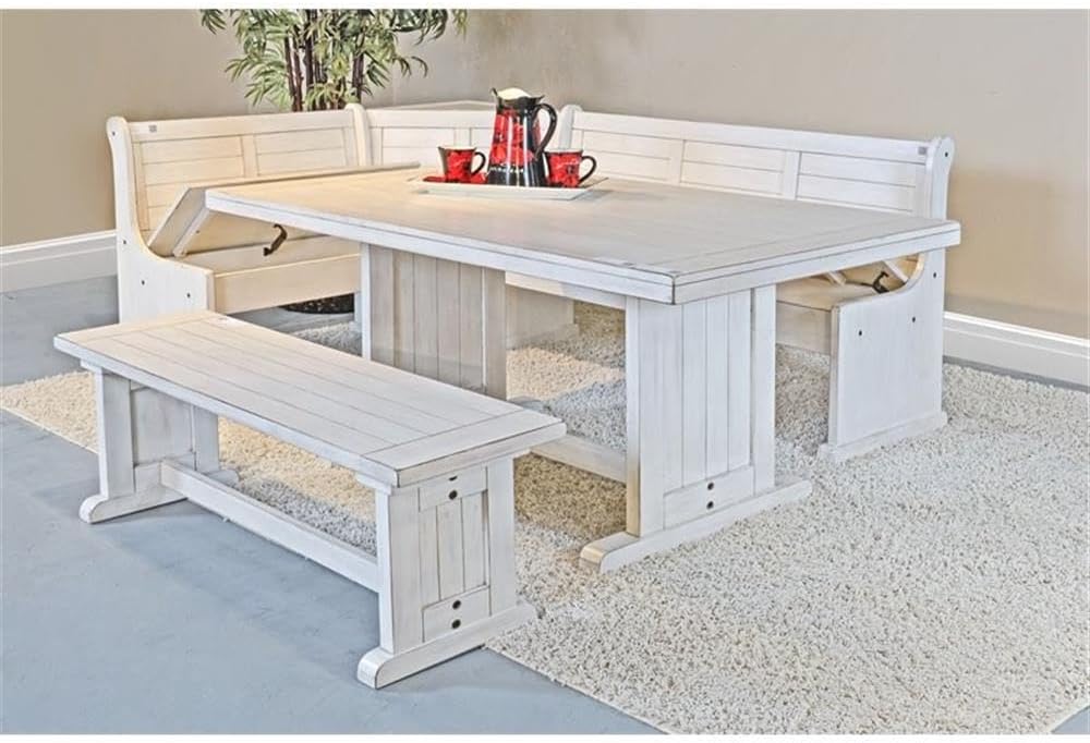 Pemberly Row 75" x 56" Farmhouse Wood Breakfast Nook Set with Table, Storage, Reversable Benche, L-Shaped Corner Bench, for Dining Room, in Marble White Finish