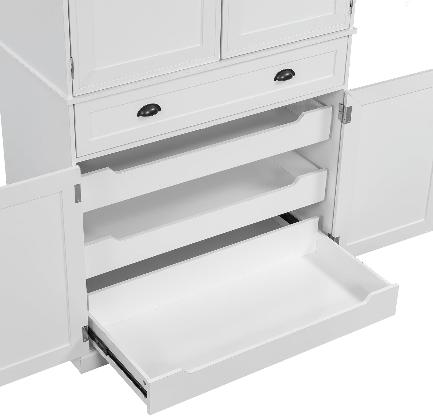 Polibi Freestanding Pantry Cabinet with 4 Doors & 1 Drawer, 3 Adjustable Shelves & Pull-Out Trays, Shaker Style Kitchen Storage for Dining Room, Living Room, Entryway (White)