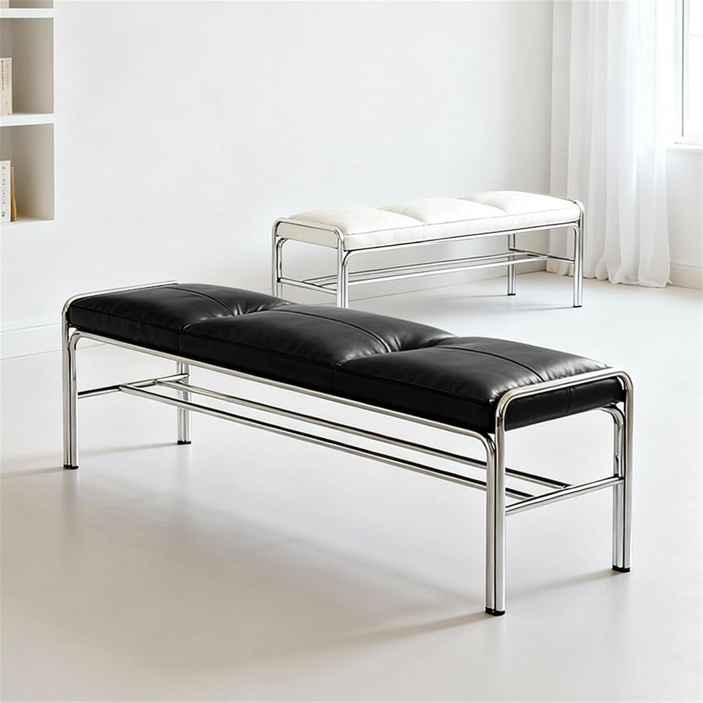 Modern Stainless Steel Long Bench with Leather Cushion Home-use Soft-Pack Shoe Changing Stool Black Entryway(Medium)