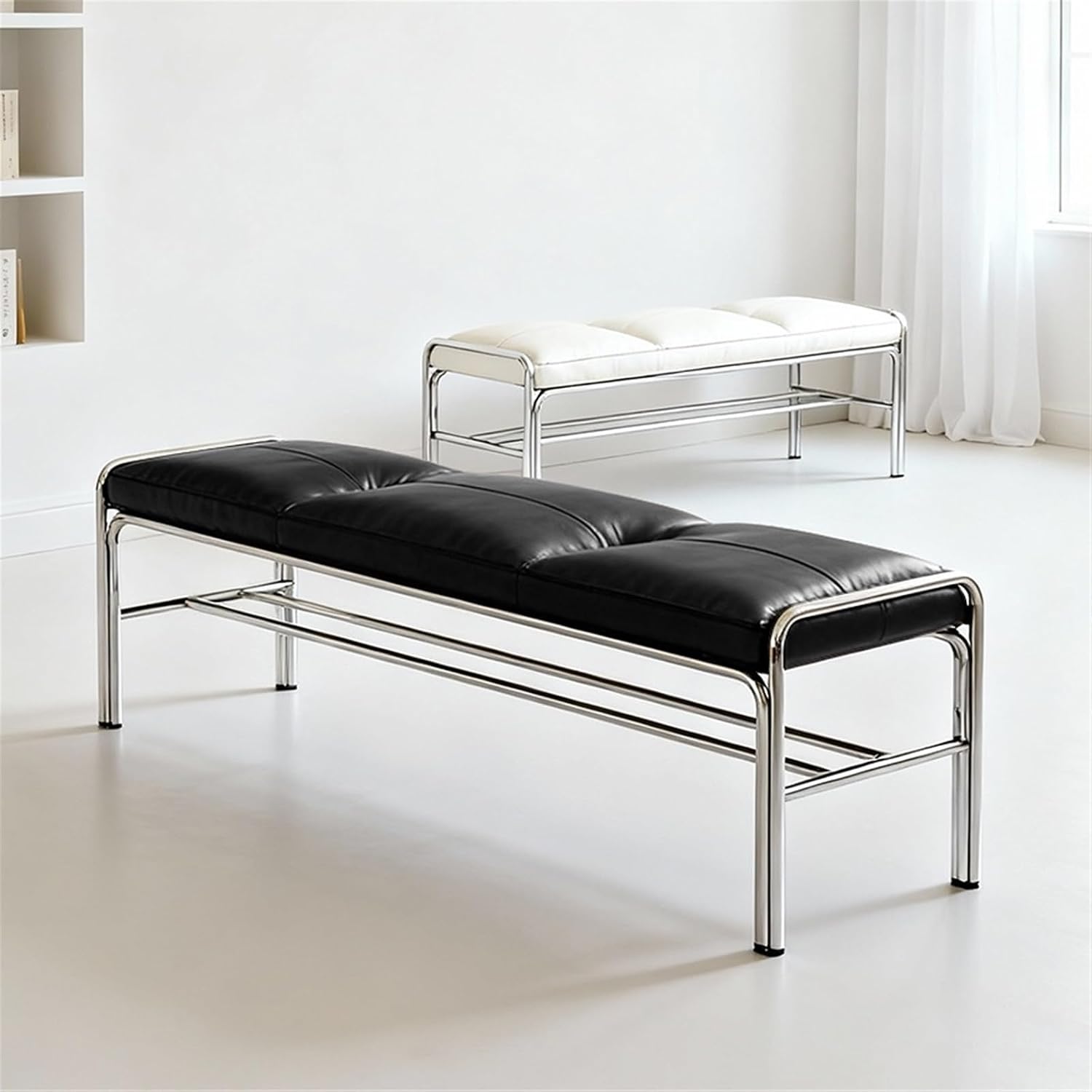 Modern Stainless Steel Long Bench with Leather Cushion Home-use Soft-Pack Shoe Changing Stool Black Entryway(XS)