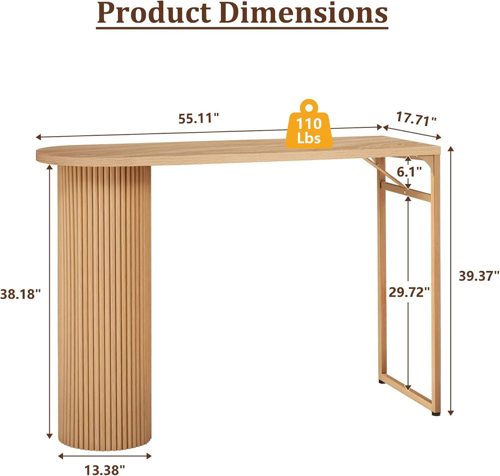 55" Long Bar Table, Fluted Wood Counter Height Pub Table, High Top Kitchen Breakfast Bar Tables with Sturdy Metal Frame, Modern Bar Height Dining Table for Bistro, Dining Room, Living Room