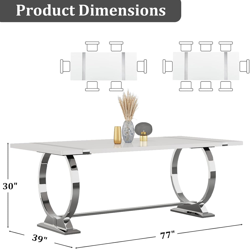 BQueen 78 inch White and Silver Dining Table for 4-8, Luxury Modern White Large Kitchen Table with Chrome Stainless Steel U-Base for Dining Room Kitchen Apartment