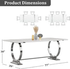 BQueen 78 inch White and Silver Dining Table for 4-8, Luxury Modern White Large Kitchen Table with Chrome Stainless Steel U-Base for Dining Room Kitchen Apartment