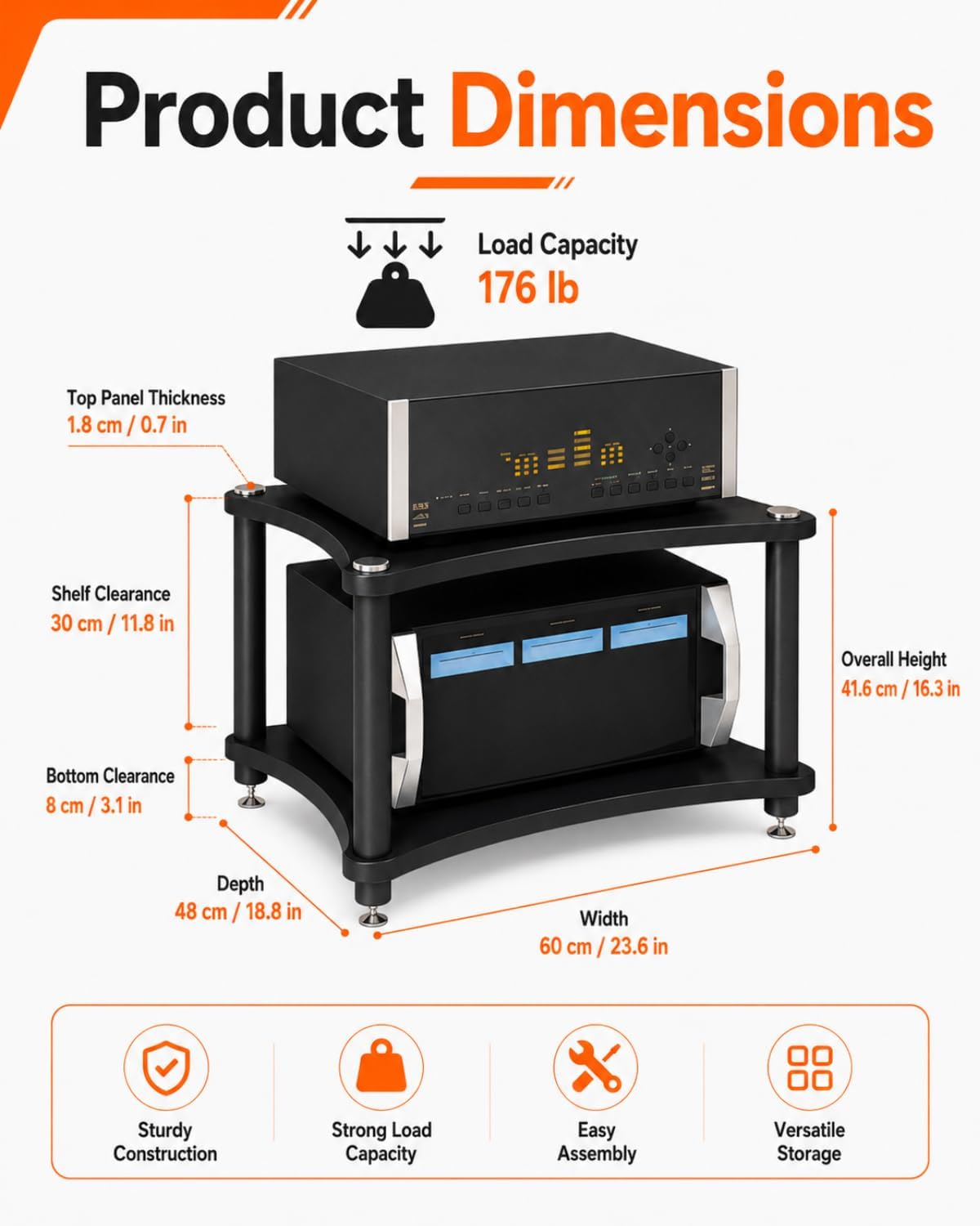 Heavy Duty 2-Tier AV Media Stand, 176 lb Load Capacity, Black | anti-vibration feet that help reduce resonance for clearer sound, open ventilation, cable management, Built for Hi-Fi systems