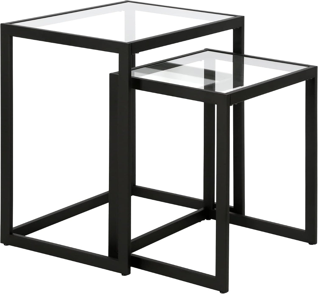 Henn&Hart Rectangular Nested Side Table in Blackened Bronze, Table for Living Room, Bedroom | Nested set of two tables with glass tops and a sleek metal frame for displaying in living rooms, offices, or family rooms