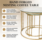 BEGINS Nesting Coffee Table Set of 2, 23.6" Round Coffee Table, Hand Forged Vintage Gold Center Table with Glass Top for Living Room, Bedroom, Balcony