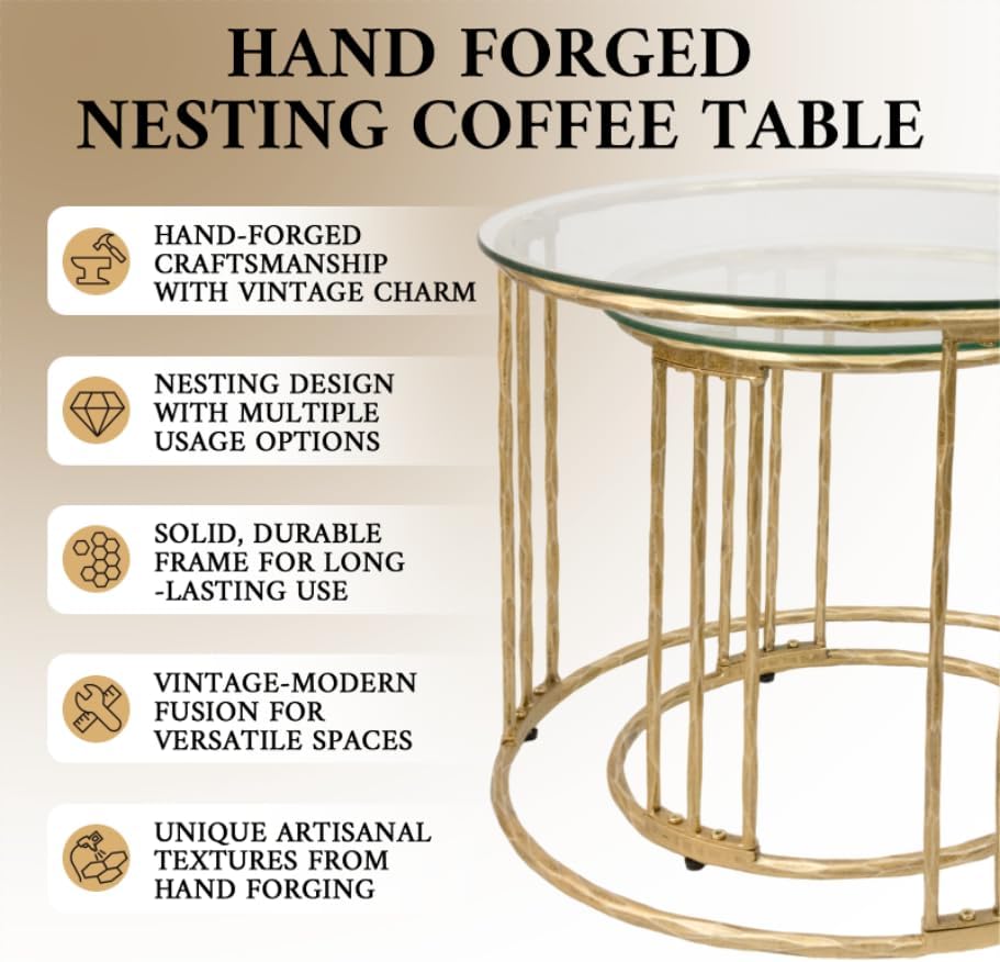 BEGINS Nesting Coffee Table Set of 2, 23.6" Round Coffee Table, Hand Forged Vintage Gold Center Table with Glass Top for Living Room, Bedroom, Balcony