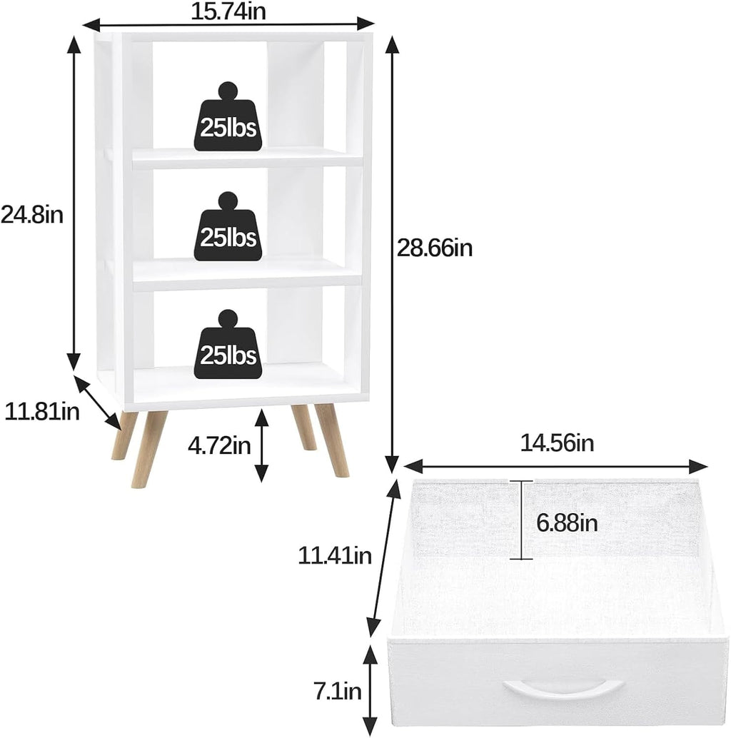 Aenuert Night Stand, White Nightstand with Fabric Drawers, Wooden Side Table with Open Storage, 3-Tier Modern End Table, Bedside Table for Small Space, Living Room, Bedroom