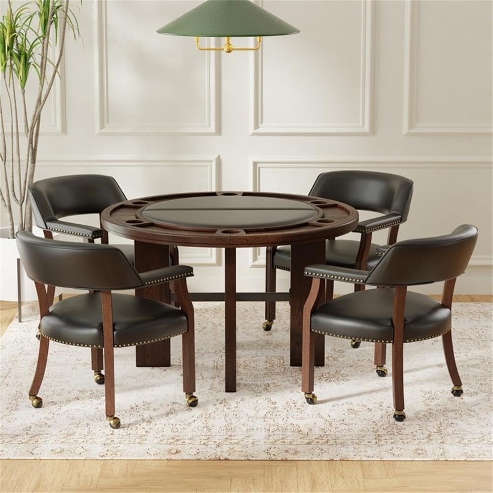 Pemberly Row 2-in-1 Game & Dining Table, 48-Inch Round Table with Flip-Top, Faux Leather Game Surface, Multi-Purpose Home Table, 30" Hx48 Wx48 D
