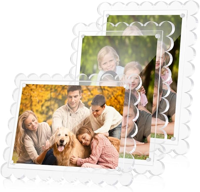3 PCS 5x7 Inch Acrylic Picture Frames, Clear Scalloped Picture Frame with Removable Stand, Double Sided Transparent Magnetic Photo Frames for Home Office Refrigerator Tabletop Desktop Display