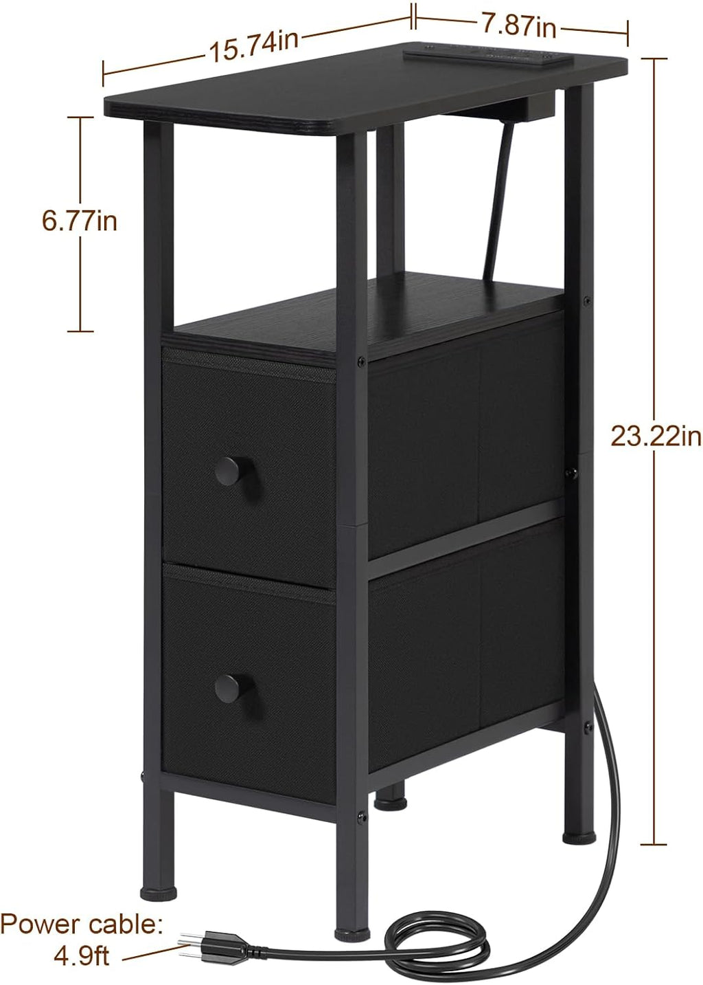 LOAKEKEL Narrow End Table Living Room with Charging Station, Skinny Side Table with Fabric Drawers, Slim Nightstand for Bedroom, Small Spaces, Couch, Black, HETNDP02BK-1