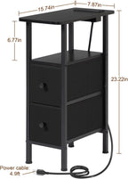 LOAKEKEL Narrow End Table Living Room with Charging Station, Skinny Side Table with Fabric Drawers, Slim Nightstand for Bedroom, Small Spaces, Couch, Black, HETNDP02BK-1