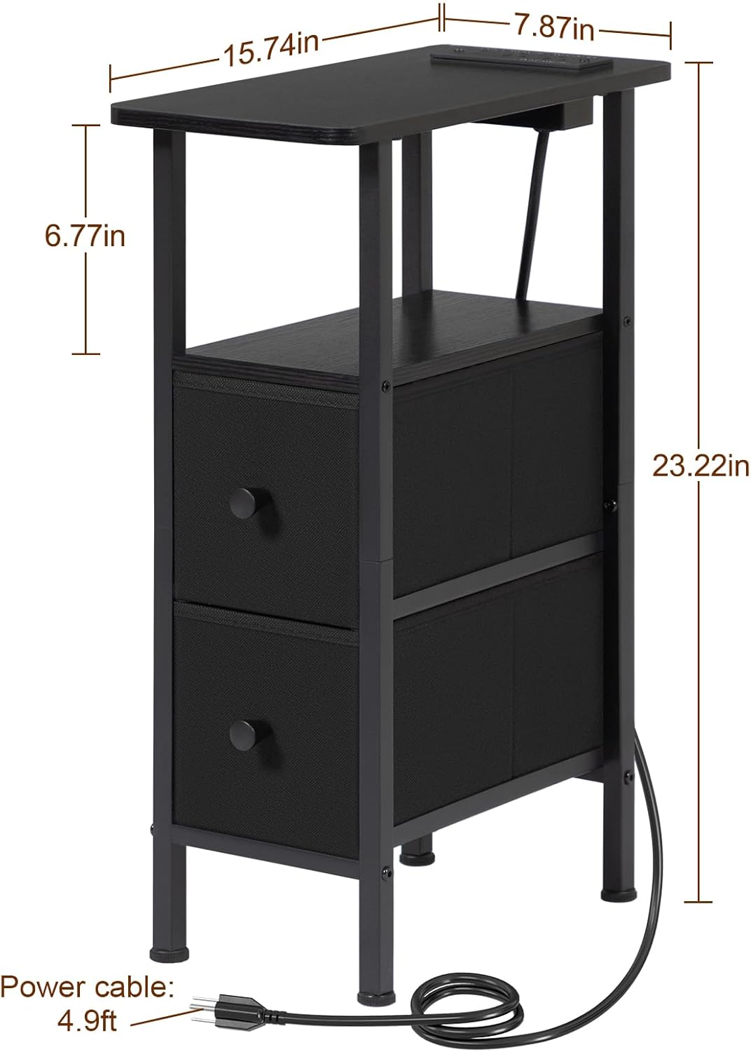 LOAKEKEL Narrow End Table Living Room with Charging Station, Skinny Side Table with Fabric Drawers, Slim Nightstand for Bedroom, Small Spaces, Couch, Black, HETNDP02BK-1