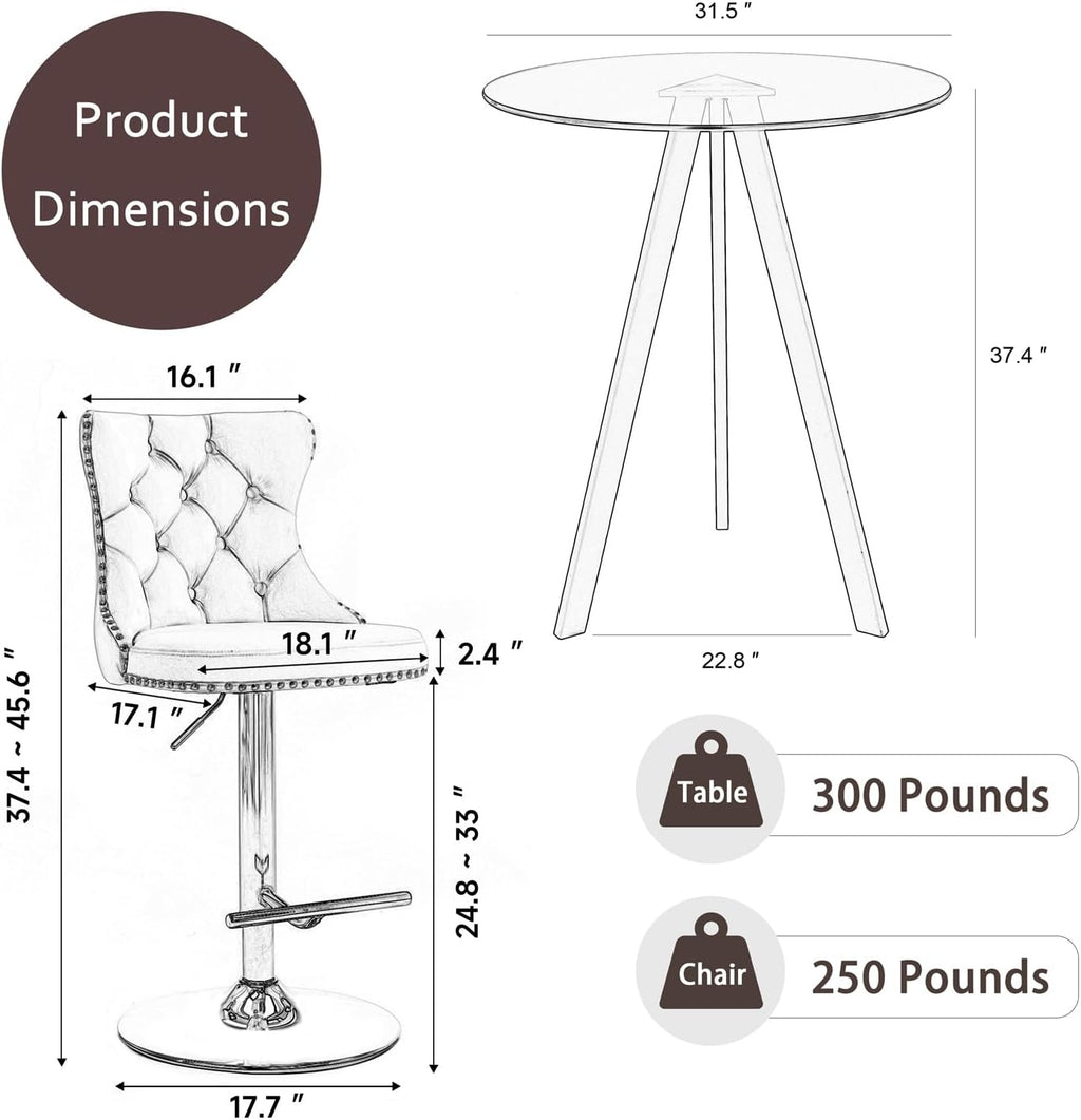31.5'' Glass Round Bar Table with Stools Set for 2, Modern High Top Pub Table & 2 Adjustable Metal Bar Stool Velvet Swivel Counter Height Bars Chairs (Gold Metal Legs, Clear Top + Beige Chair)