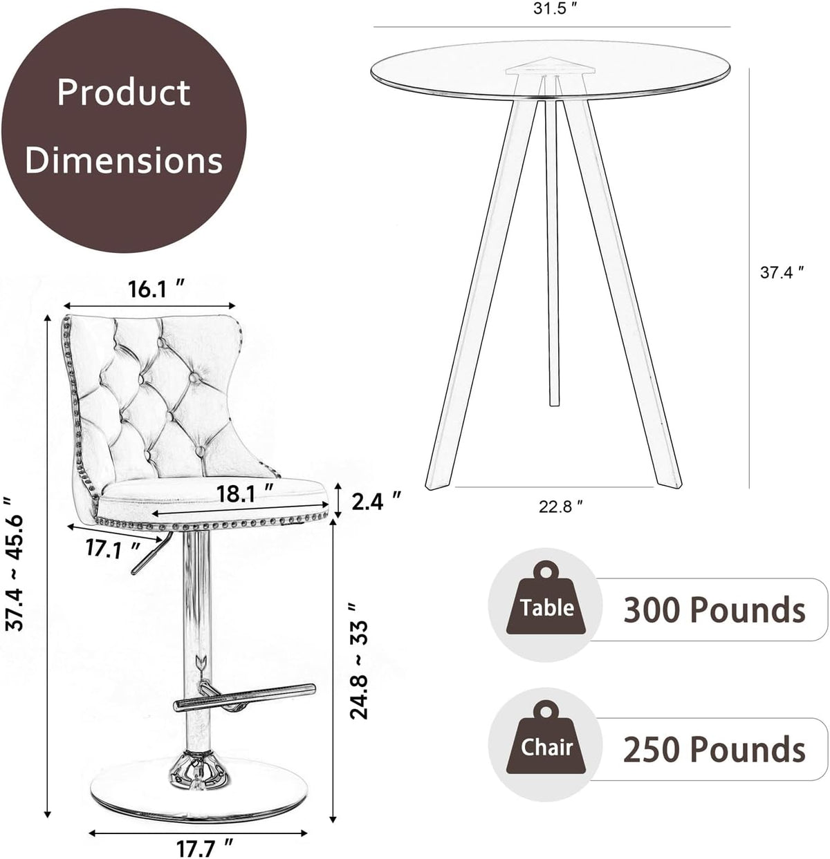 31.5'' Glass Round Bar Table with Stools Set for 2, Modern High Top Pub Table & 2 Adjustable Metal Bar Stool Velvet Swivel Counter Height Bars Chairs (Gold Metal Legs, Clear Top + Beige Chair)
