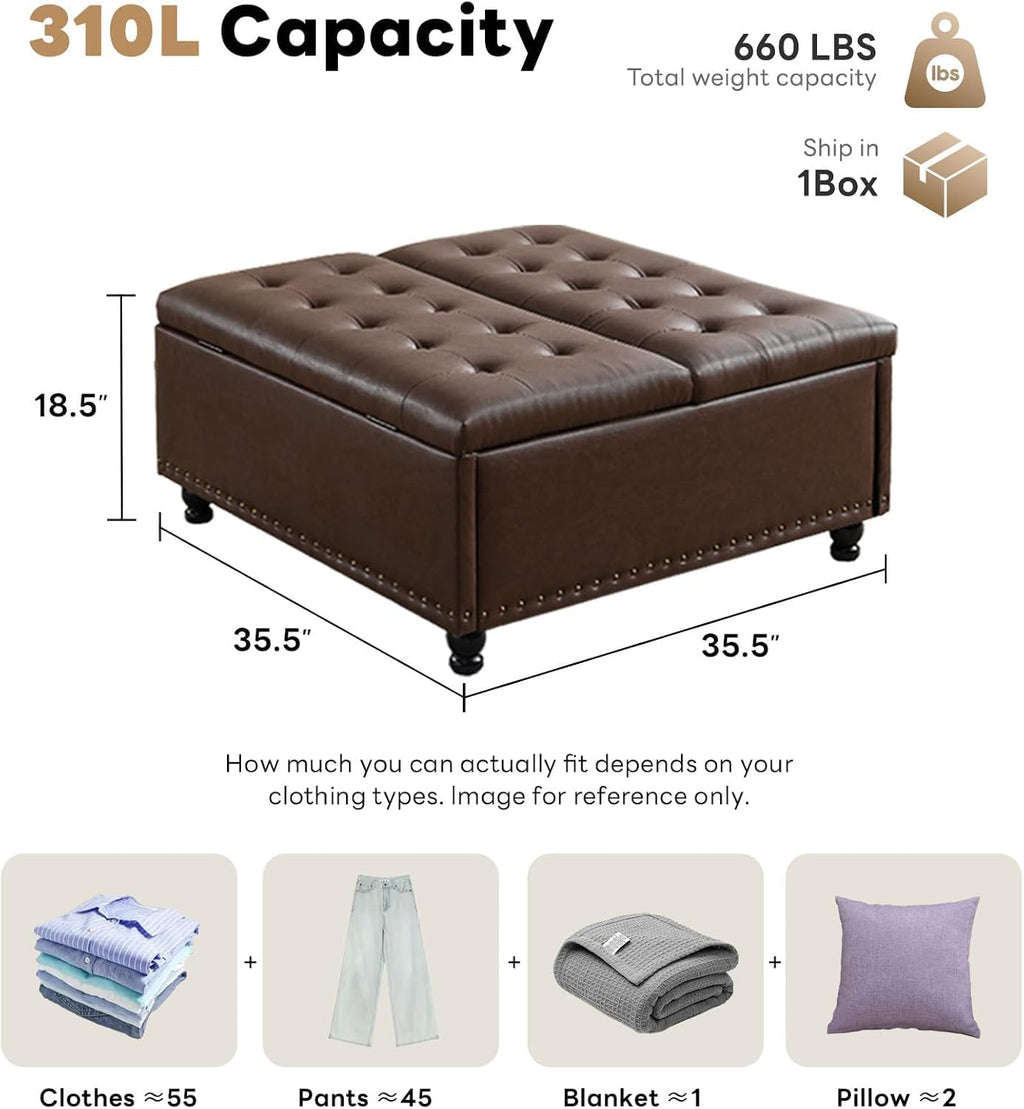 Tbfit 35.5" Large Square Storage Ottoman Bench, Tufted Upholstered Coffee Table Ottoman with Lift Top & Wooden Legs, Oversized Storage Ottomans Toy Box for Living Room (Dark Brown)