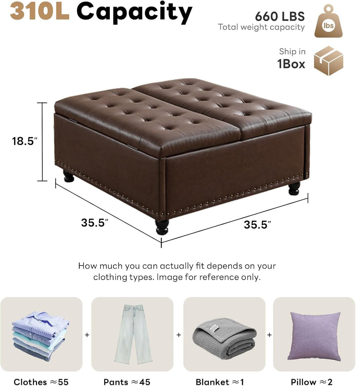 Tbfit 35.5" Large Square Storage Ottoman Bench, Tufted Upholstered Coffee Table Ottoman with Lift Top & Wooden Legs, Oversized Storage Ottomans Toy Box for Living Room (Dark Brown)
