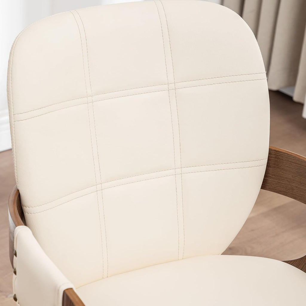 Dining Chairs Set of 6, 360° Swivel Faux Leather Dining Room & Kitchen Chairs with Arms, Ergonomic Curved Back, 19.7" Seat Height, Bentwood Solid Wood Frame, Walnut Finish, Mid-Century Modern, Beige