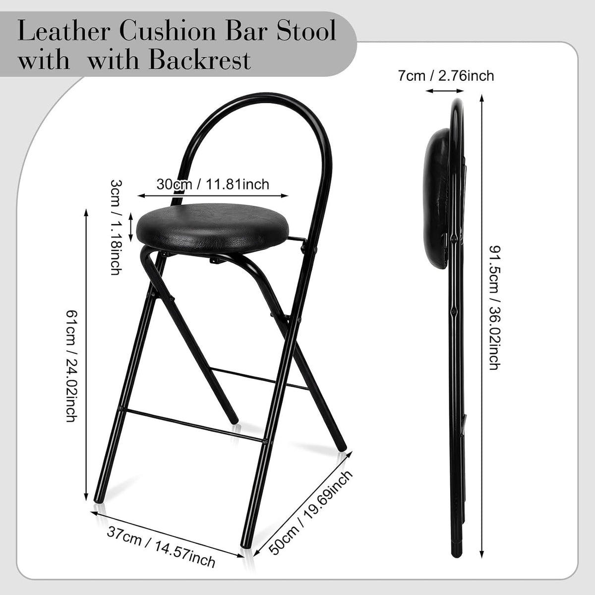 CroBlissful 2 Pcs 24 Inch Folding Bar Stool with Backrest, Leather Padded Folding Stools for Adults up to 350lbs, Collapsible Round Counter Height Stool Chair for Camping Kitchen Shop Cafe (Black)