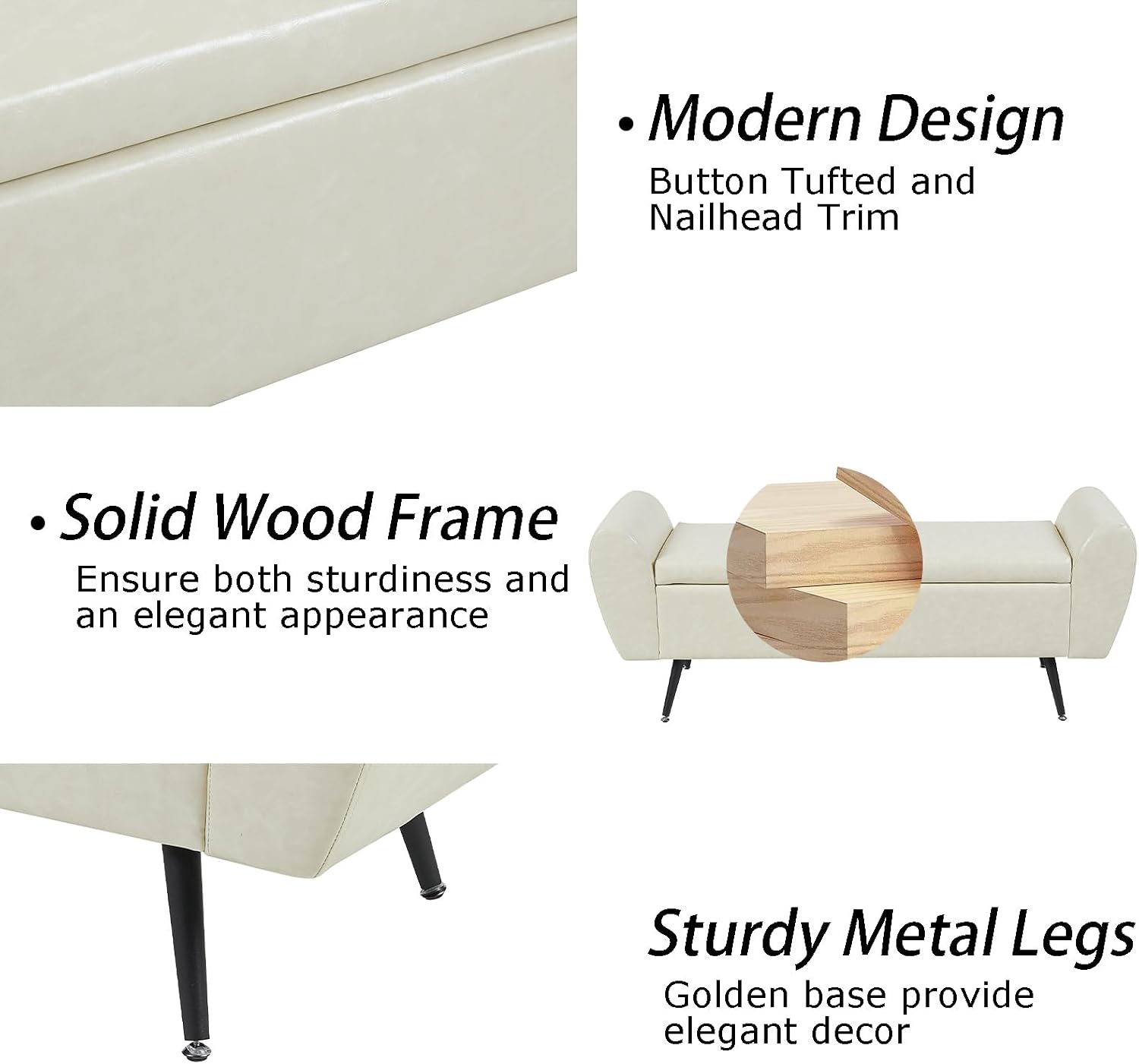Faux Leather Storage Bench for Bedroom, Extra Long Bench for King Size Bed, Modern Upholstered End of Bed Ottoman Bench with Arms for Entryway Living Room (Faux Leather-Beige)