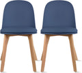 2xhome Set of 2 Modern Armless Dining Chairs | Plastic Shell with PU Leather Cushion Padded Seat and Wooden Legs | Indoor or Outdoor Use | Home Kitchen Patio, Blue