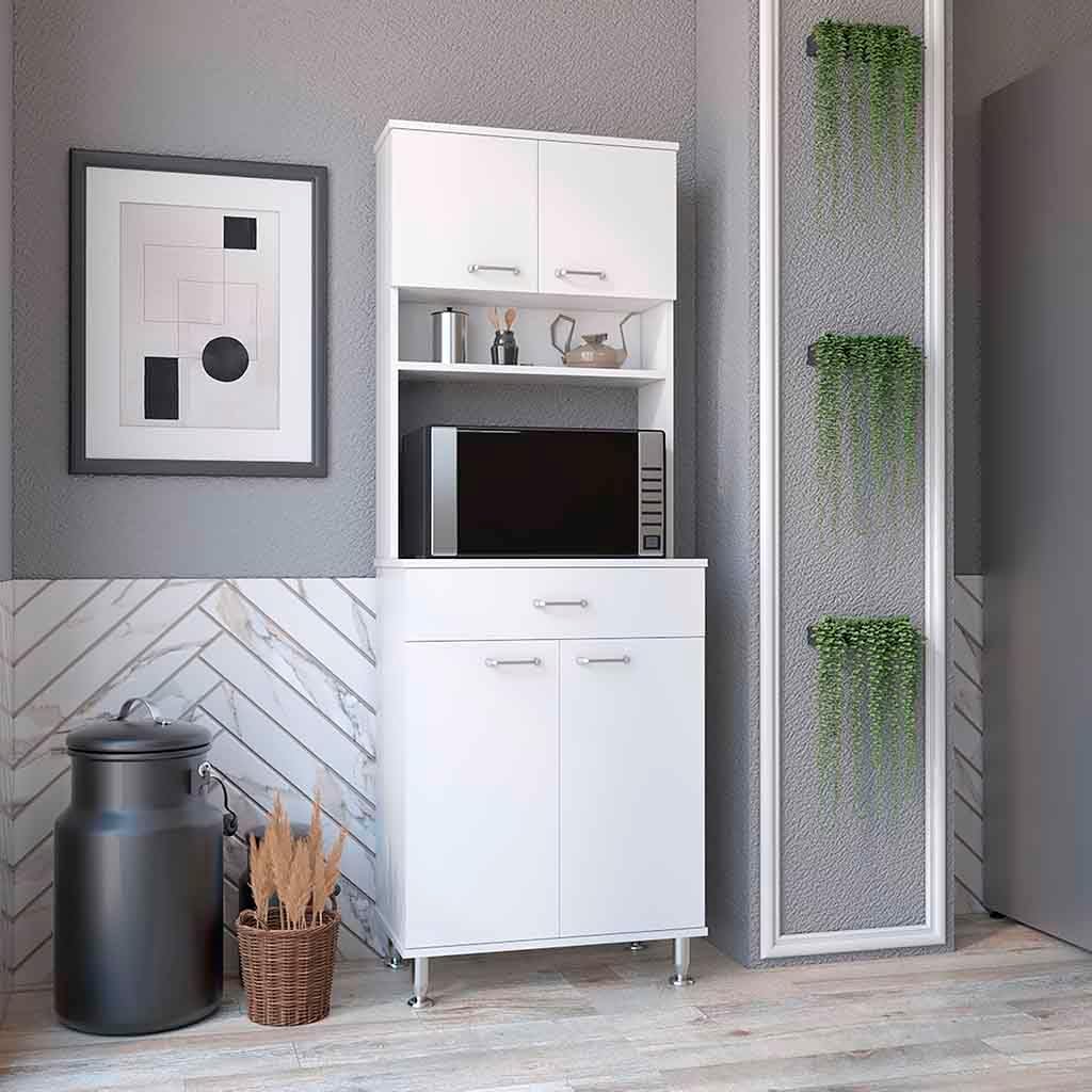 Pantry Cabinet 67" H,Four Doors,One Drawer,Three Internal Shelves,2 External Storage Shelves,Microwave Storage Option,Four Legs,White