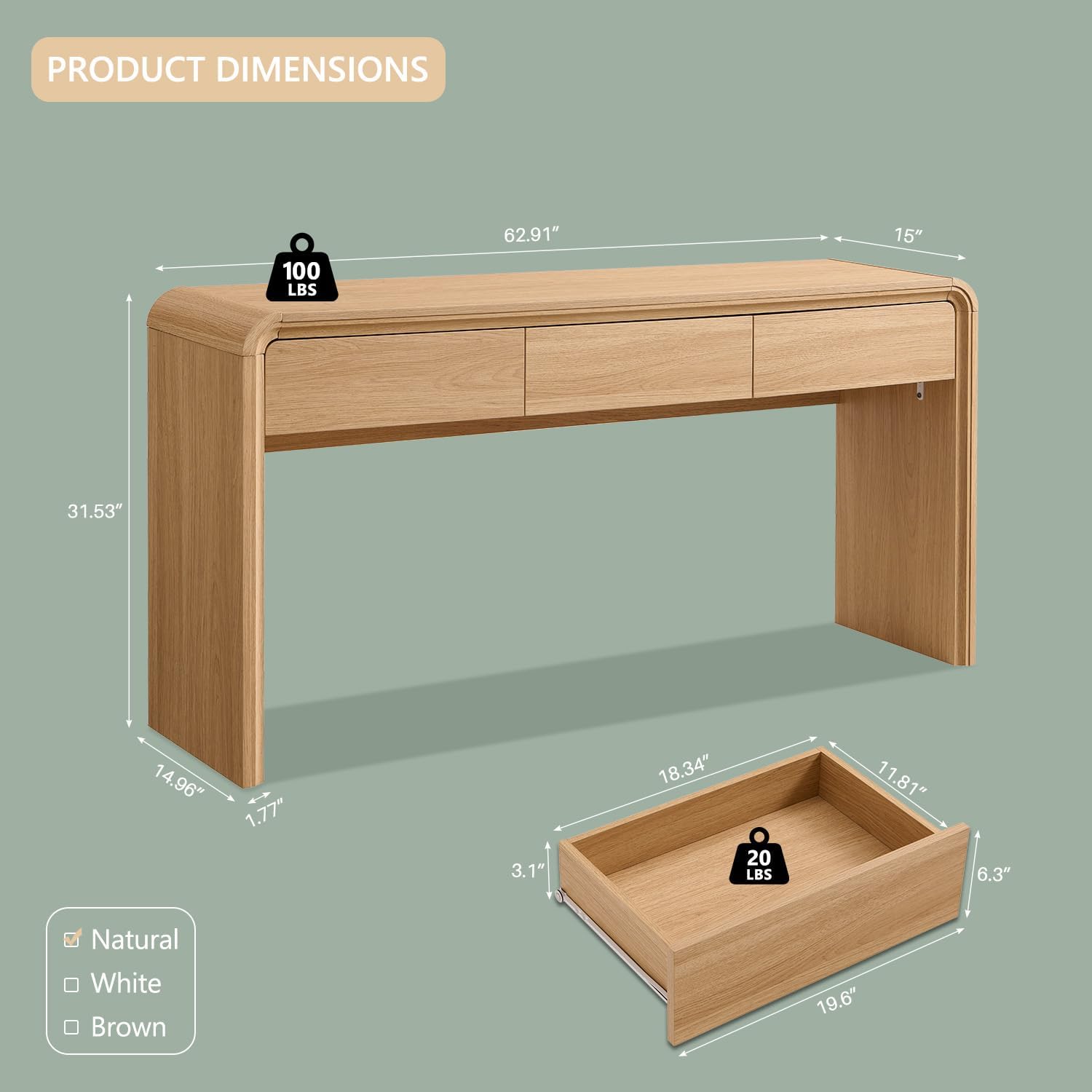 Aitjunz 63'' Console Table with 3 Drawers, Modern Entryway Table with Curved Profile Design, Narrow Long Wood Sofa Table Behind Couch Table for Living Room, Hallway, Foyer, Natural