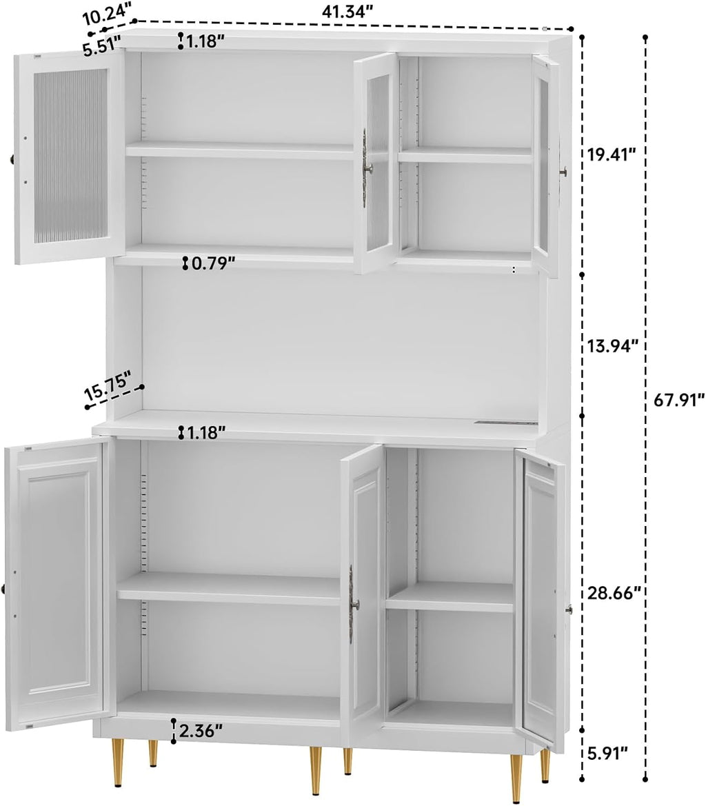 AUN Metal Pantry Cabinet with Charging Station - 68" Multi-Scene Storage Cabinet for Kitchen, Coffee Bar, Dining Room | Adjustable Shelves & Soft-Close Doors,White