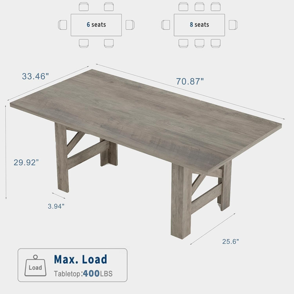 Takywep 71" Large Dining Table for 6-8, Farmhouse Wooden Kitchen Table with Sturdy Triangular Legs, Thick Rectangle Tabletop, Heavy-Duty Base for Dining Room, Apartment, Kitchen, Rustic Gray