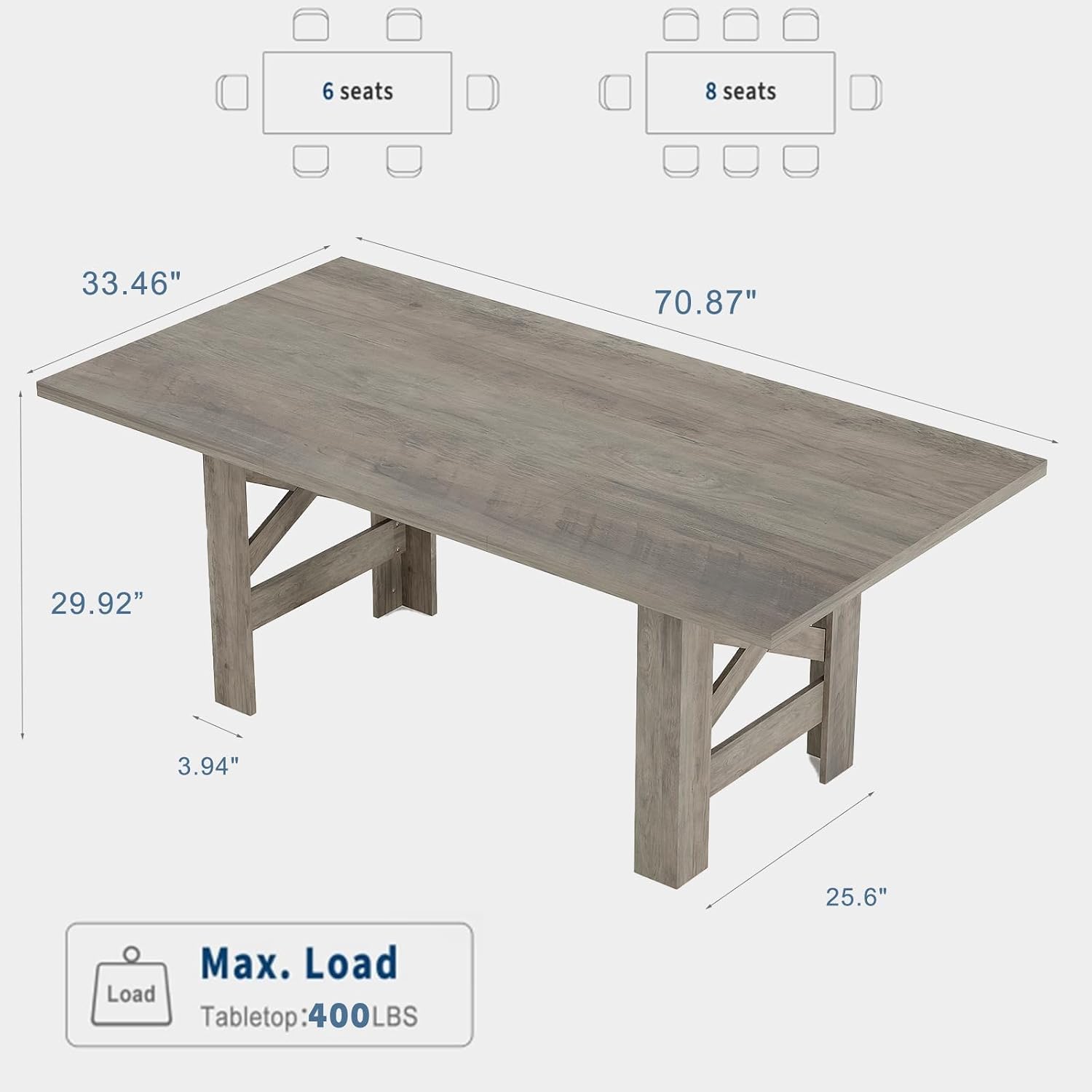 Takywep 71" Large Dining Table for 6-8, Farmhouse Wooden Kitchen Table with Sturdy Triangular Legs, Thick Rectangle Tabletop, Heavy-Duty Base for Dining Room, Apartment, Kitchen, Rustic Gray