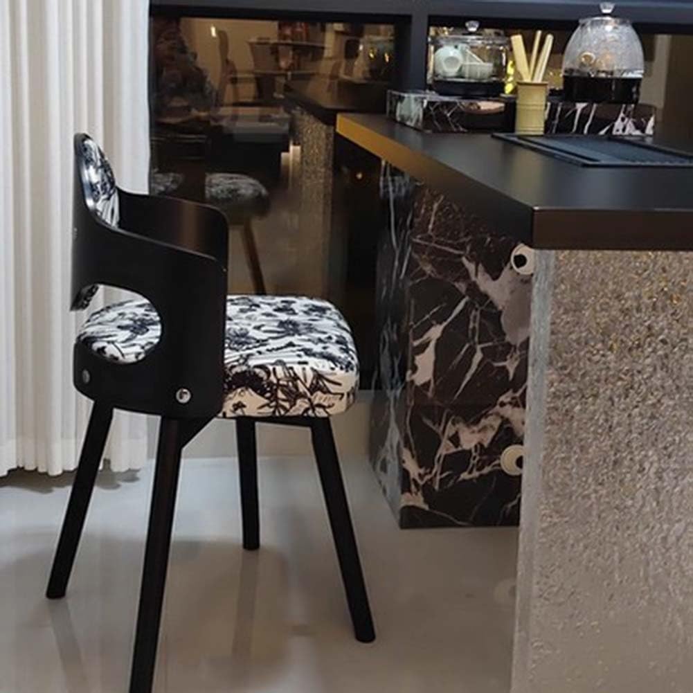 Etlegor Retro Wood Swivel Vanity Chair with Back, Square Makeup Chair, Upholstered Accent Armchair Solid Wooden Chair Legs for Home/Office/Bedroom(Black-A)