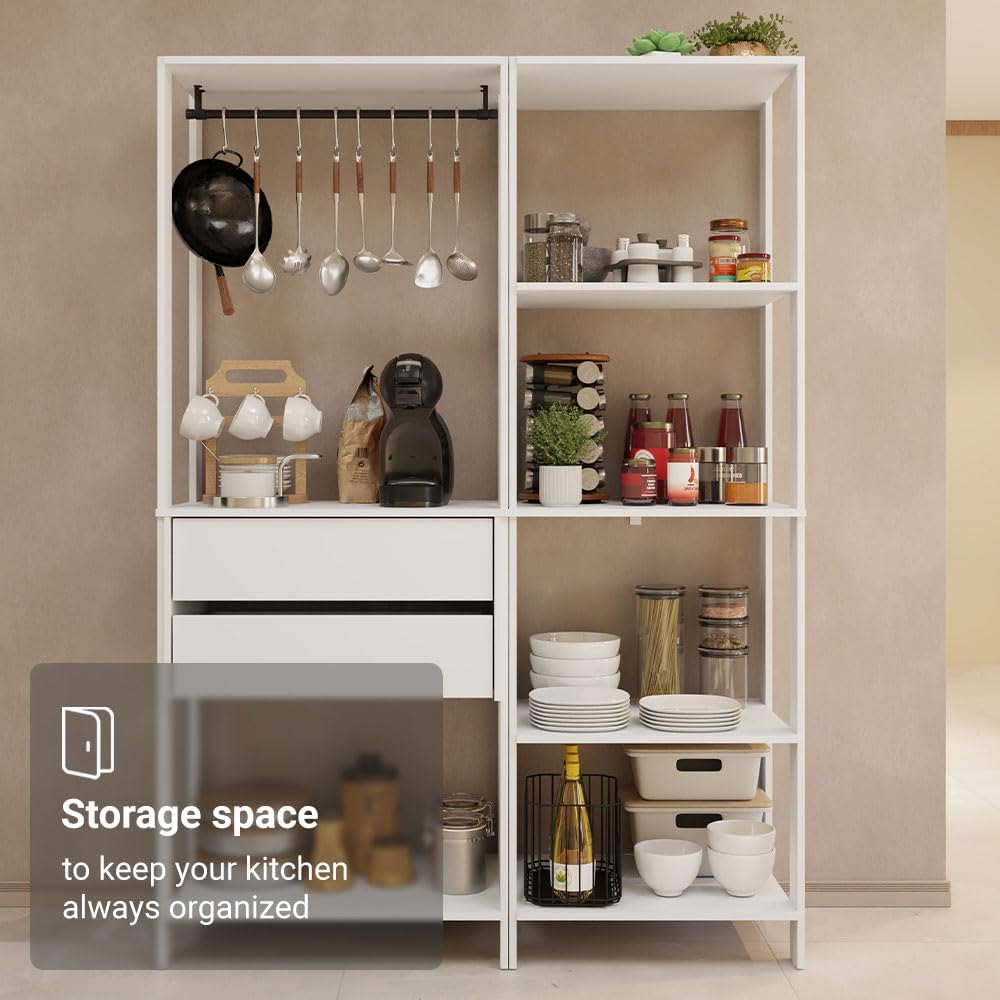 Madesa Kitchen Pantry Storage Rack with 2 Drawers, 7 Shelves and Hanging Space 51" L Multiuse Modular Cabinet for Kitchen Organization - White