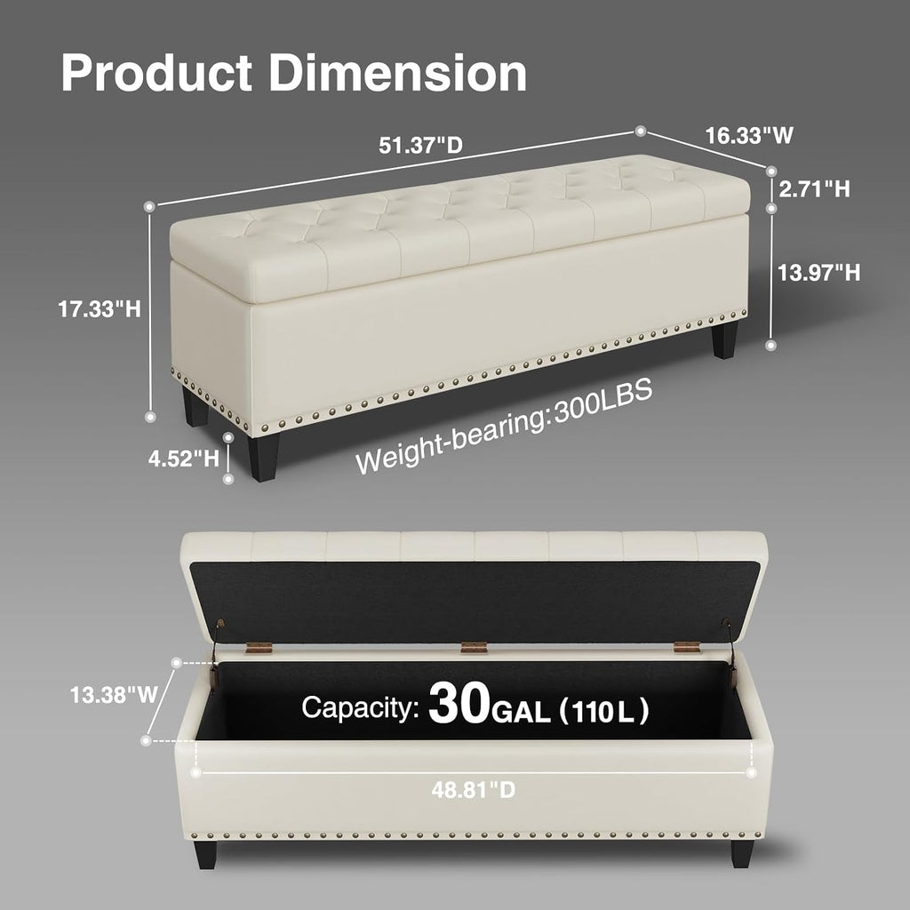 FiveWillowise 51 Inch Storage Ottoman Bench,Large End of Bed Storage Bench | Faux Leather Ottoman with Storage,30 Gallons,Upholstered,with Nailhead Trim,Legs,for Bedroom,Living Room,Entryway,Cream White