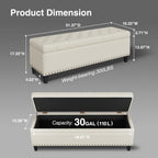 FiveWillowise 51 Inch Storage Ottoman Bench,Large End of Bed Storage Bench | Faux Leather Ottoman with Storage,30 Gallons,Upholstered,with Nailhead Trim,Legs,for Bedroom,Living Room,Entryway,Cream White