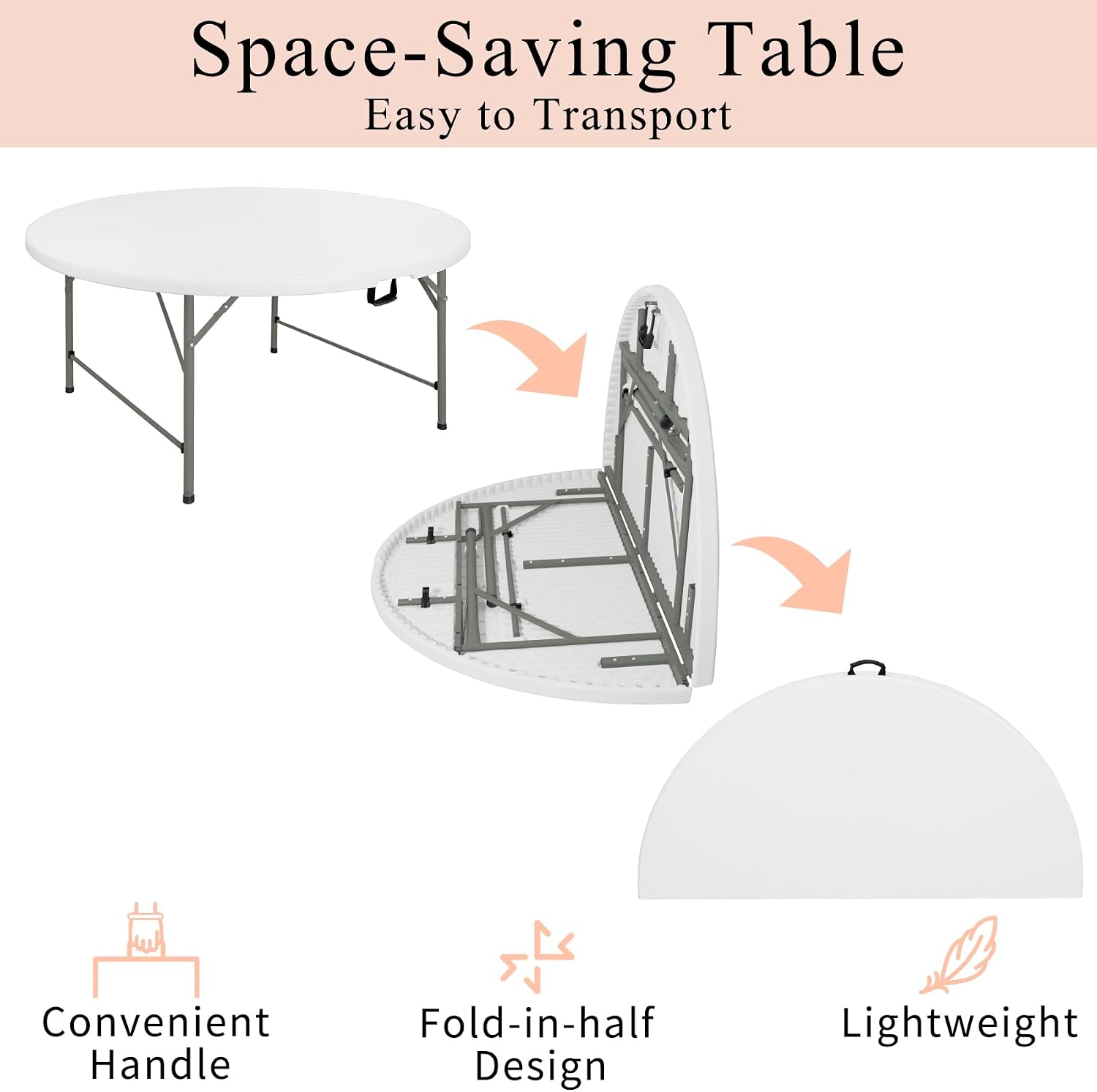 4 FT Round Folding Tables with Carrying Handle Lightweight Portable Plastic Commercial Table Steel Legs for Party, Dining, Wedding, Events, Picnic Indoor, Outdoor (White,1 Pack)