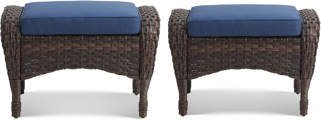 HUMMUH Outdoor Ottoman-Patio Rattan Footstool with Cushions Blue