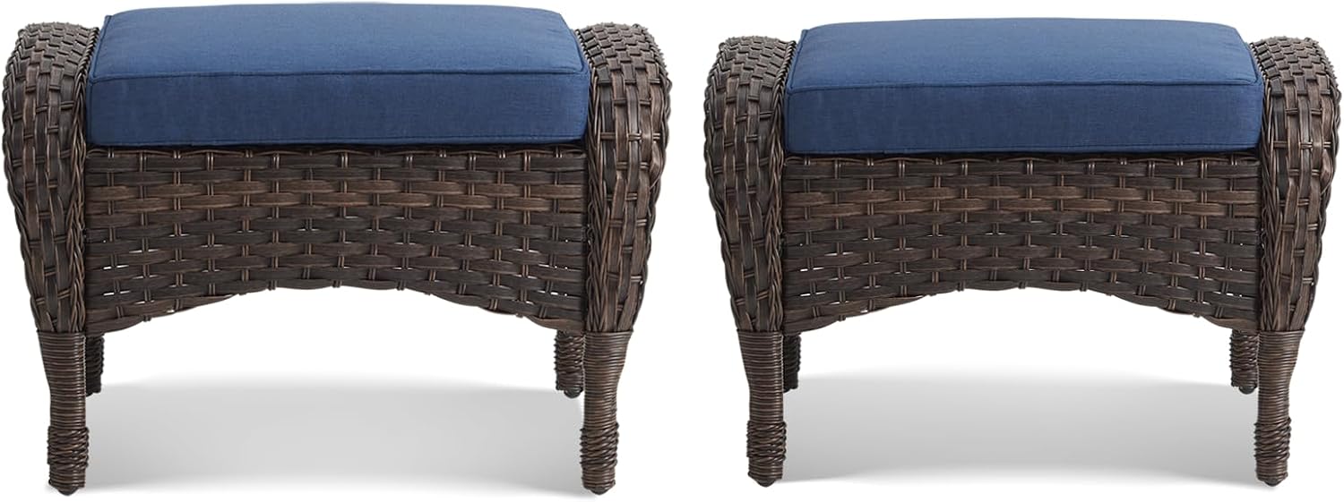HUMMUH Outdoor Ottoman-Patio Rattan Footstool with Cushions Blue