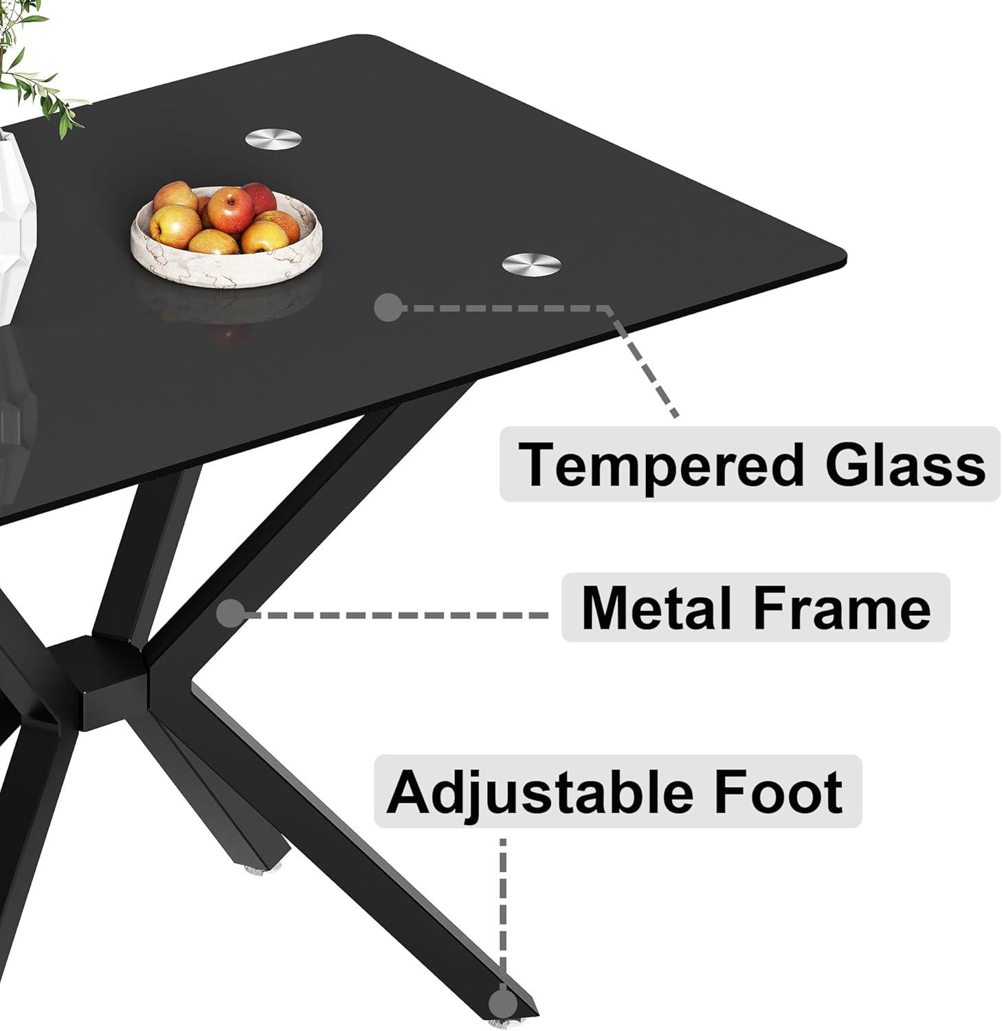 47.24 Inch Rectangular Glass Dining Table Modern Kitchen Glass Top Table for 4 with Black Metal Legs, Clear Dining Table Kitchen Table for Home Office Dining Room