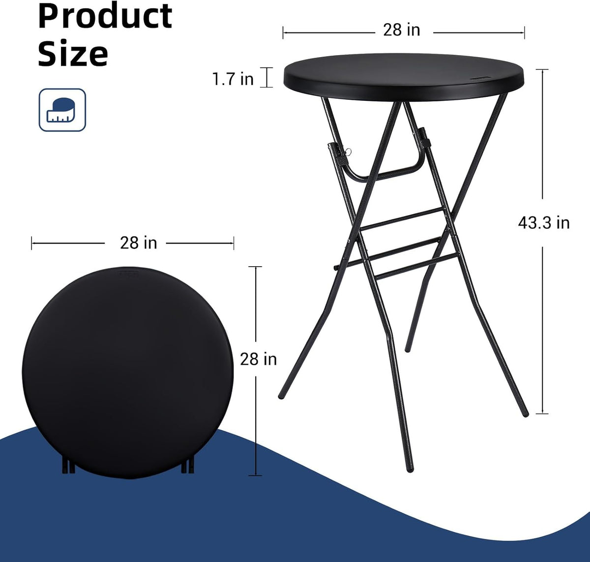Byliable 28in Cocktail Folding Table, Round High Top Bar Height Black Table | Portable Foldable Design with Removable Legs, Two Folding Methods, HDPE Tabletop, Indoor Outdoor for Parties, Patio, Events