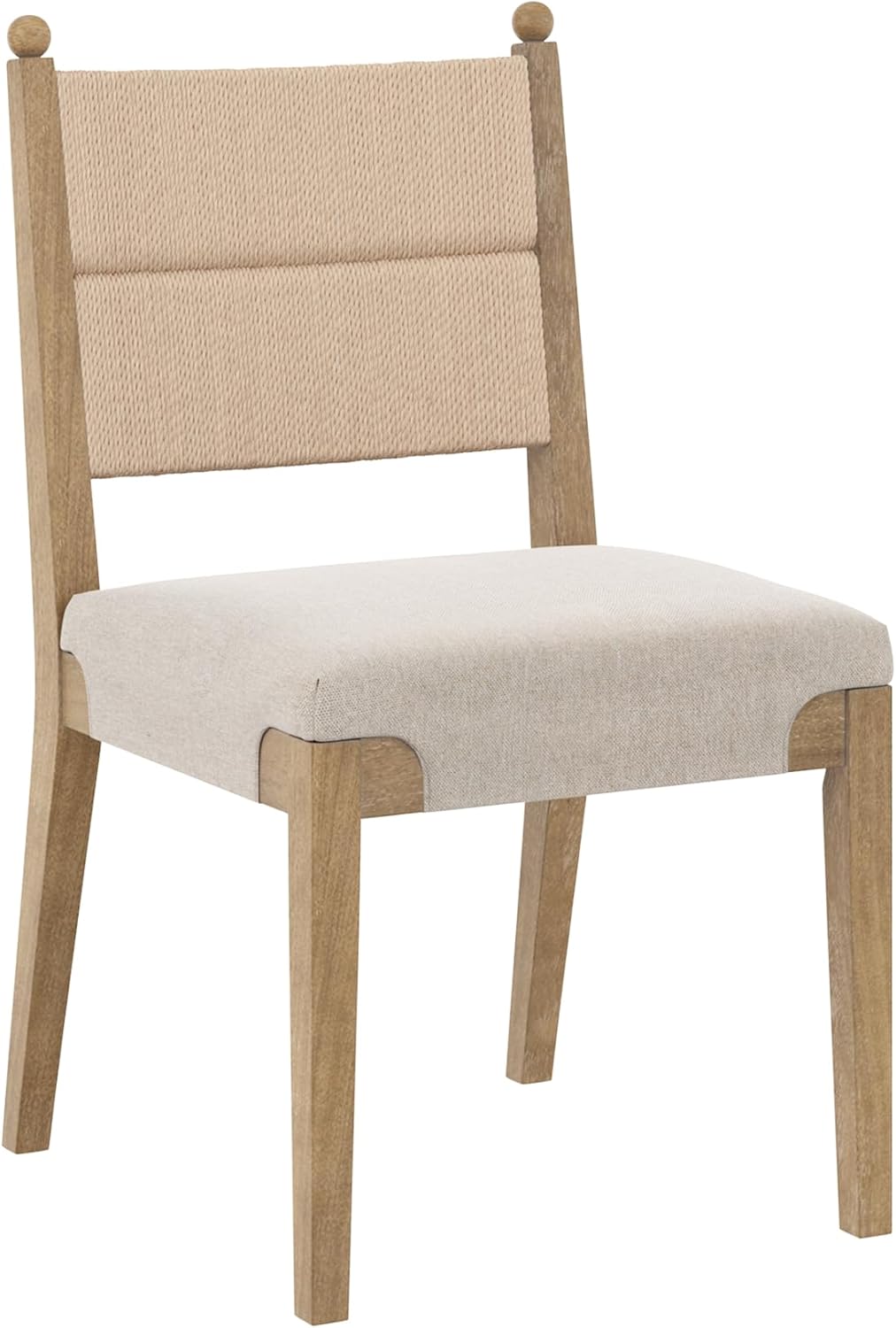 Nathan James Cove Boho Solid Wood Dining Chair with Woven Seagrass Back and Upholstered Seat, Flax/Light Brown