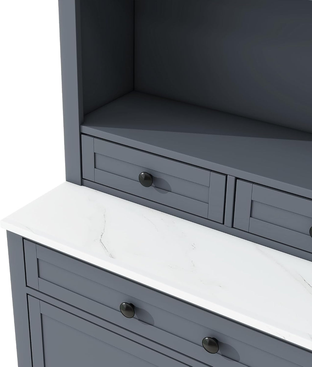 83.7inch High Kitchen Pantry, Wood Freestanding Tall Kitchen Hutch with 5 Storage Drawers and Adjustable Shelf, Display Cupboard Cabinet with Faux Marble Top for Dining Room, Set of 2 (2, Gray-TA1)