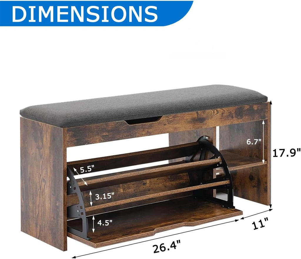 Shoe Storage Bench with a Flip Drawer, Entryway Bench with Removable Cushion, Hallway & Mudroom Organizer with Seat, Front Door Shoe Rack Cabinet, Brown