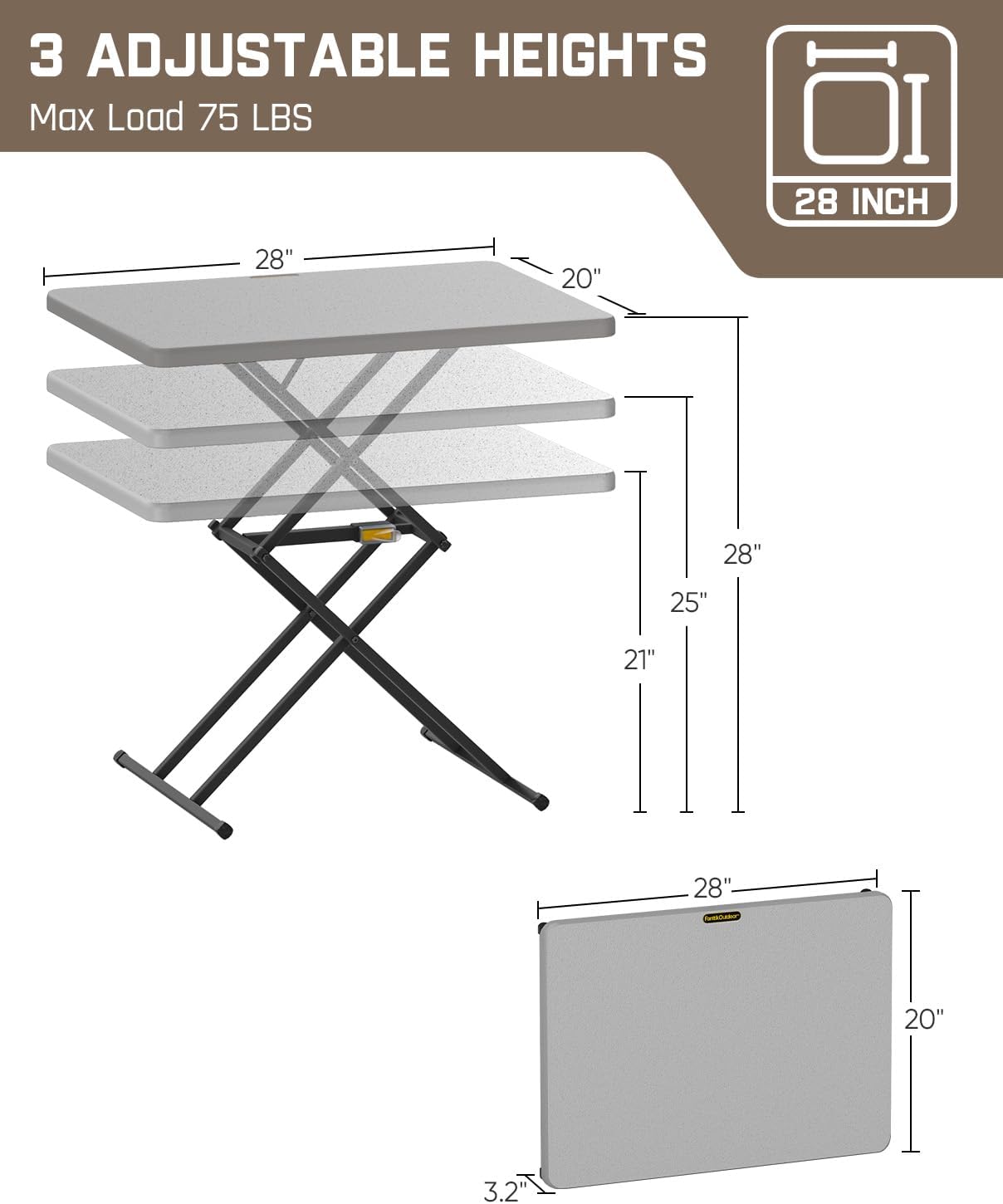 FanttikOutdoor Small Folding Table Quick Adjust 3 Heights, TV Tray, Dining | 2-Second One-Handed Adjustable Height, Foldable Laptop Desk, 3.2" Folded, No Assembly, 28 inch, 1 Pack, Grey Zeta X1 Pro