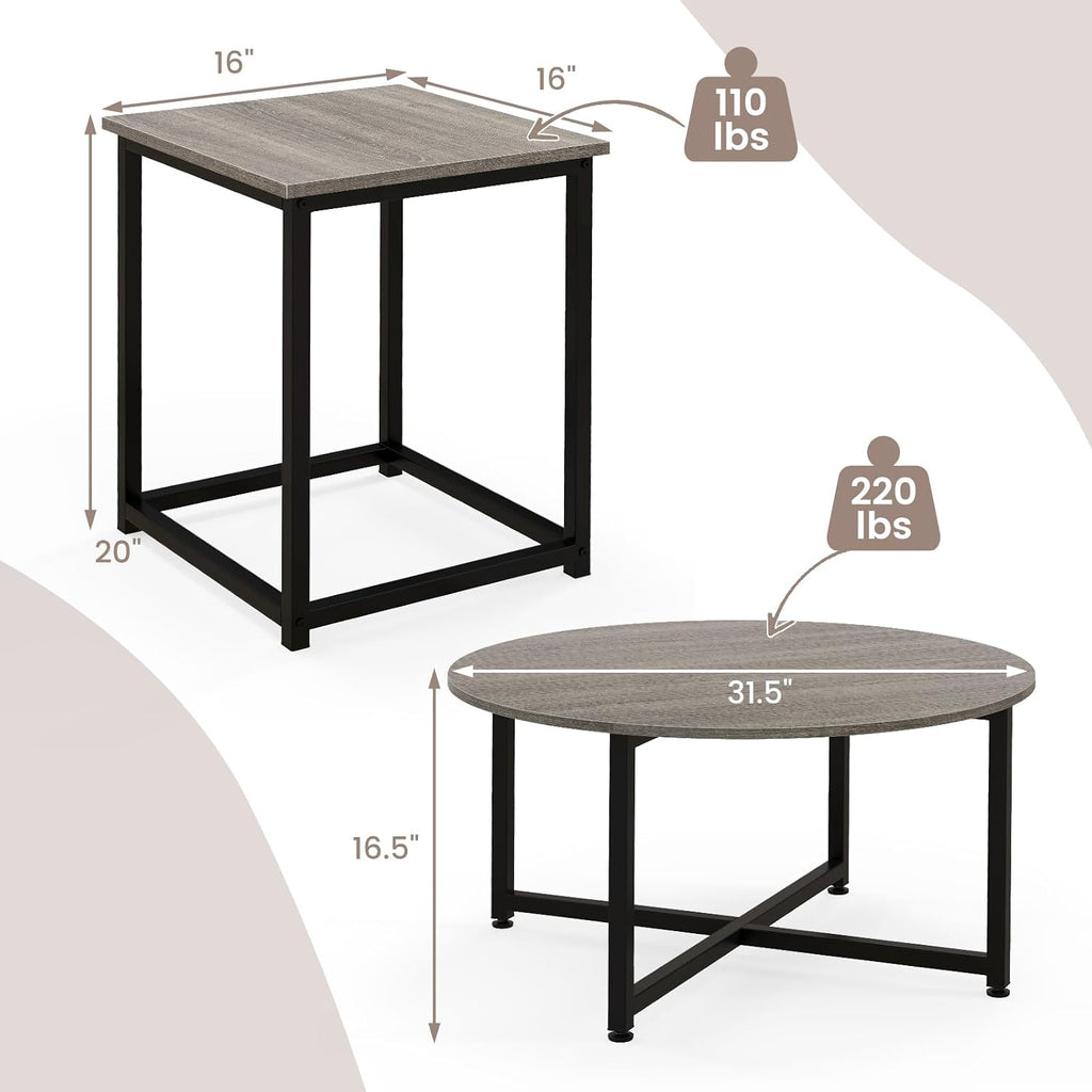 COSTWAY Coffee Table Set of 3, Wood Grain Round Coffee Table and 2 Square End Side Tables with Metal Frame, Modern 3-Piece Living Room Tables Set for Small Space, Apartment (Gray & Black)