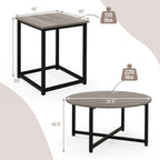 COSTWAY Coffee Table Set of 3, Wood Grain Round Coffee Table and 2 Square End Side Tables with Metal Frame, Modern 3-Piece Living Room Tables Set for Small Space, Apartment (Gray & Black)